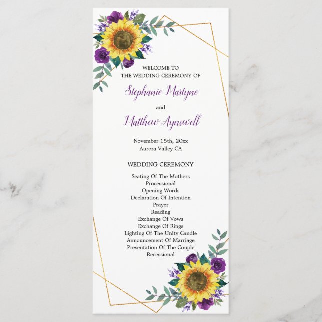 Sunflower Purple Floral Geometric Wedding Programme (Front)