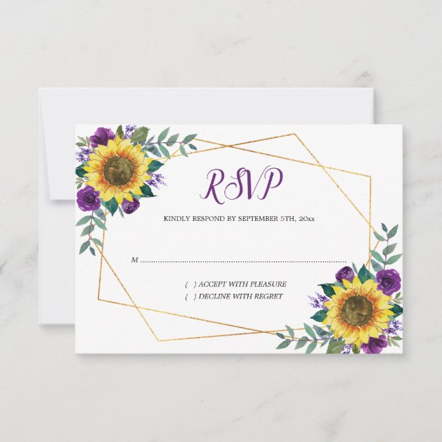Sunflower Purple Floral Geometric Wedding RSVP Card (Front)