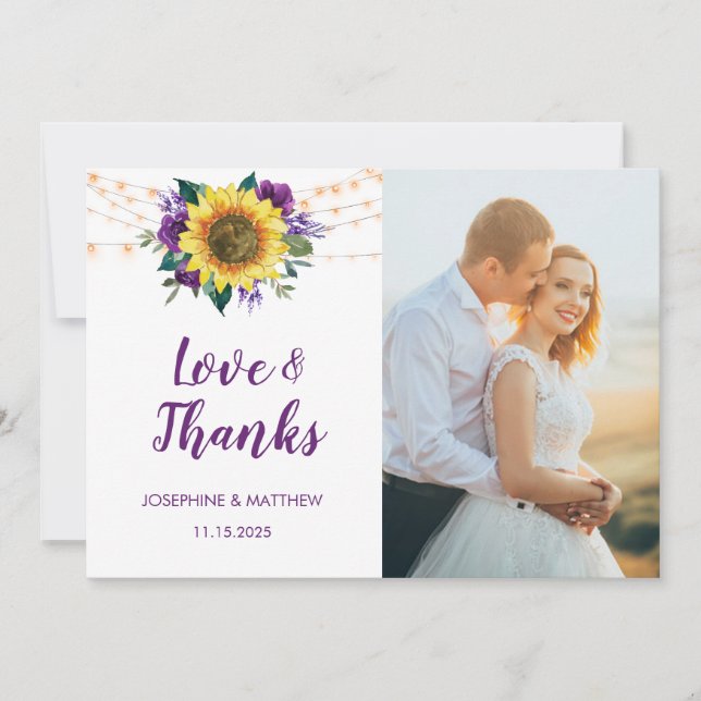Sunflower Purple Floral Lights Photo Wedding Thank You Card (Front)
