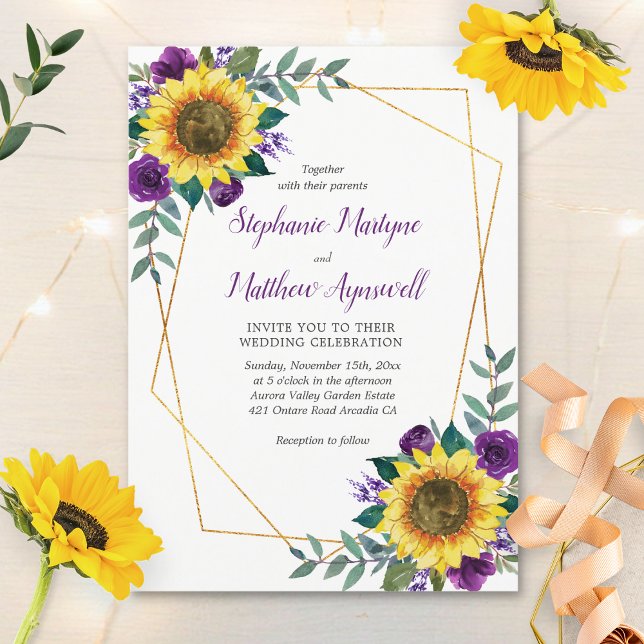 Sunflower Purple Floral Modern Geometric Wedding Invitation (Creator Uploaded)
