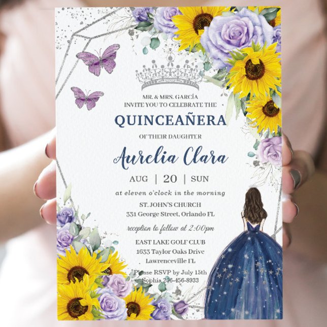 Sunflower Purple Floral Navy Blue Gown Quinceañera Invitation (Creator Uploaded)