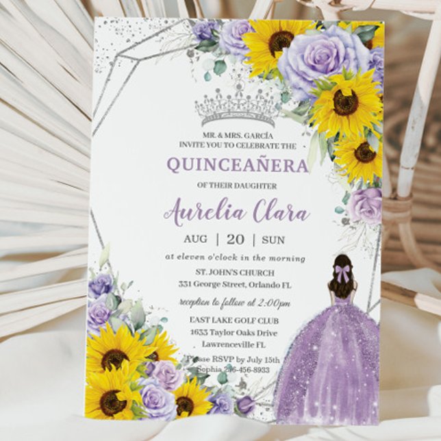 Sunflower Purple Floral Princess Gown Quinceañera Invitation (Creator Uploaded)