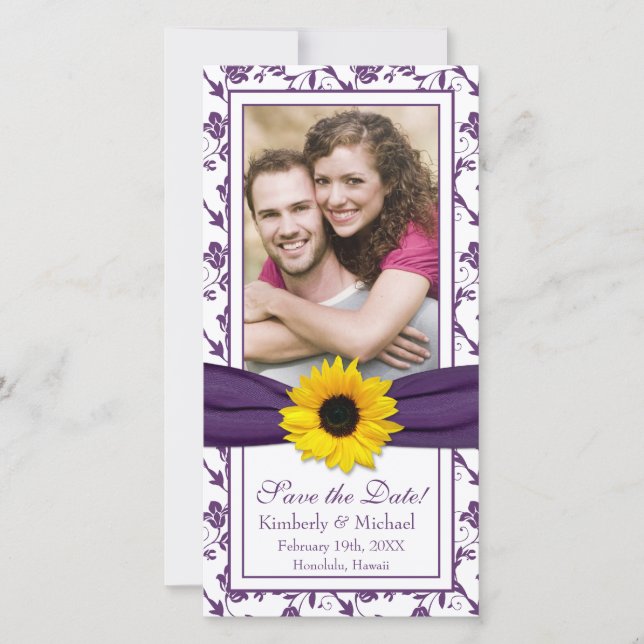 Sunflower Purple Floral Ribbon Photo Save the Date (Front)
