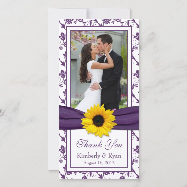 Sunflower Purple Floral Ribbon Wedding Thank You (Front)