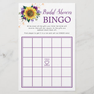 Sunflower Purple Lights Bridal Shower Bingo Game