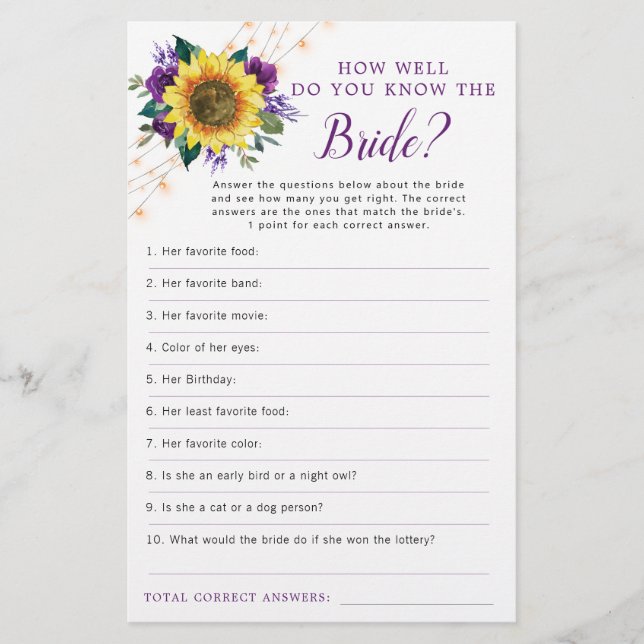 Sunflower Purple Lights Bridal Shower Game (Front)