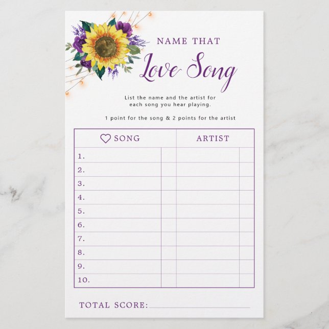 Sunflower Purple Lights Bridal Shower Song Game (Front)