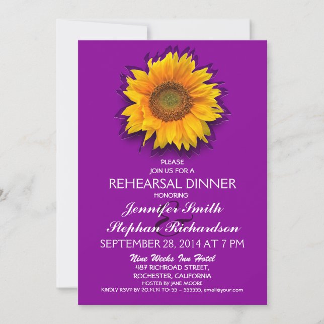 sunflower purple rehearsal dinner invitation (Front)