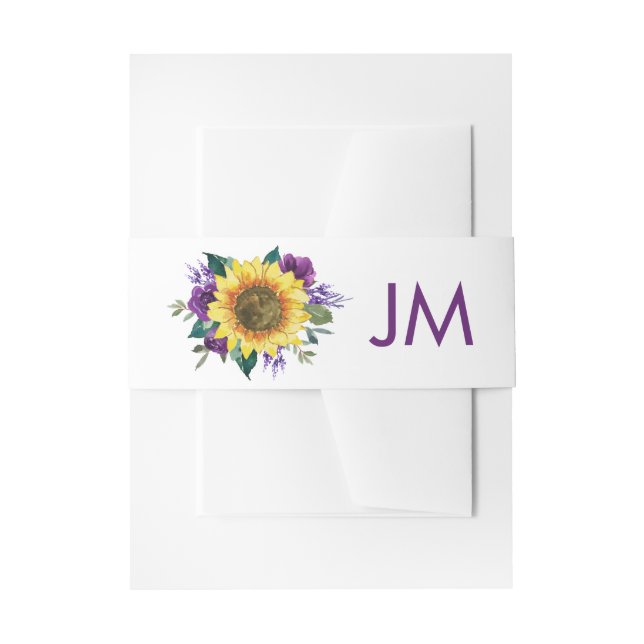 Sunflower Purple Rose Wedding Monogram Invitation Belly Band (Front Example)