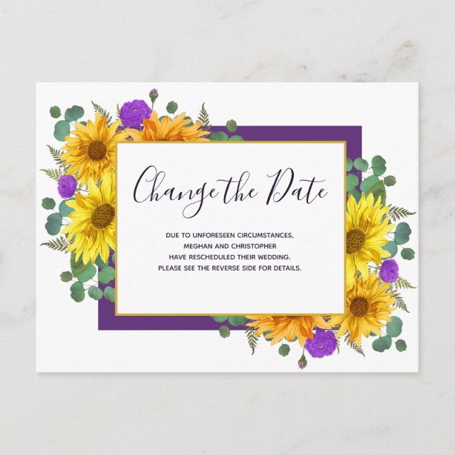 Sunflower Purple Roses Wedding Change the Date Announcement Postcard (Front)