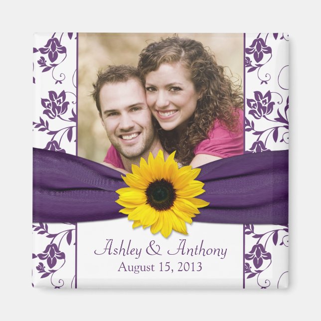 Sunflower Purple White Damask Wedding Magnet (Front)