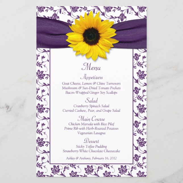 Sunflower Purple White Damask Wedding Menu Card (Front)