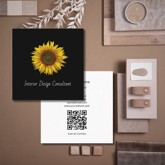 Sunflower QR code Interior Designer Black White  Square Business Card (Creator Uploaded)