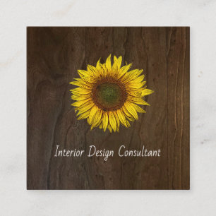 Sunflower QR code Interior Designer Rustic Wood Square Business Card