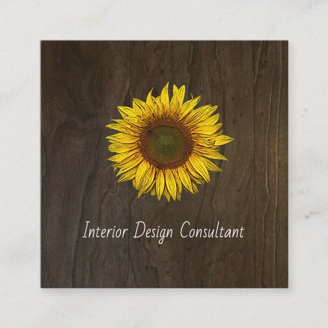 Sunflower QR code Interior Designer Rustic Wood Square Business Card (Front)