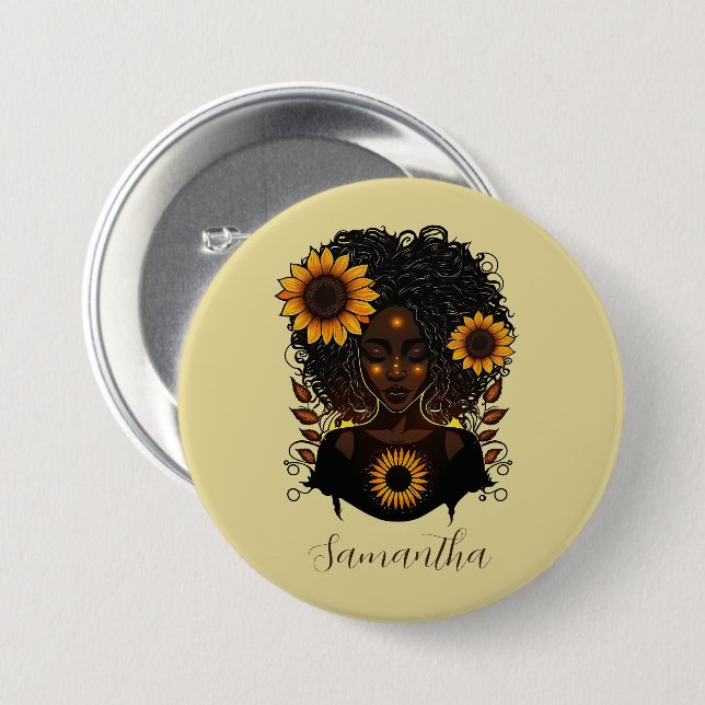 Sunflower Queen Afro Woman 7.5 Cm Round Badge (Front & Back)