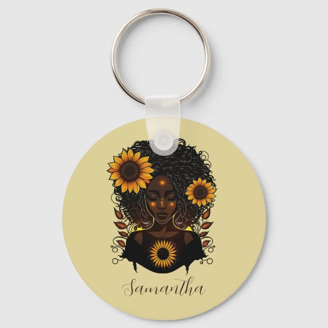 Sunflower Queen Afro Woman Key Ring (Front)