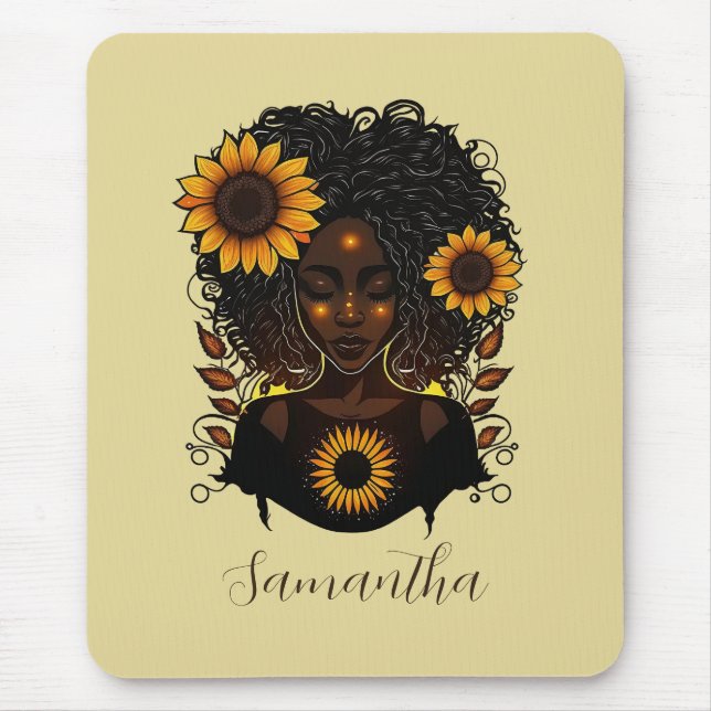 Sunflower Queen Afro Woman Mouse Mat (Front)