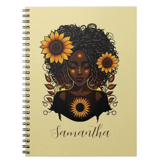 Sunflower Queen Afro Woman Notebook (Front)
