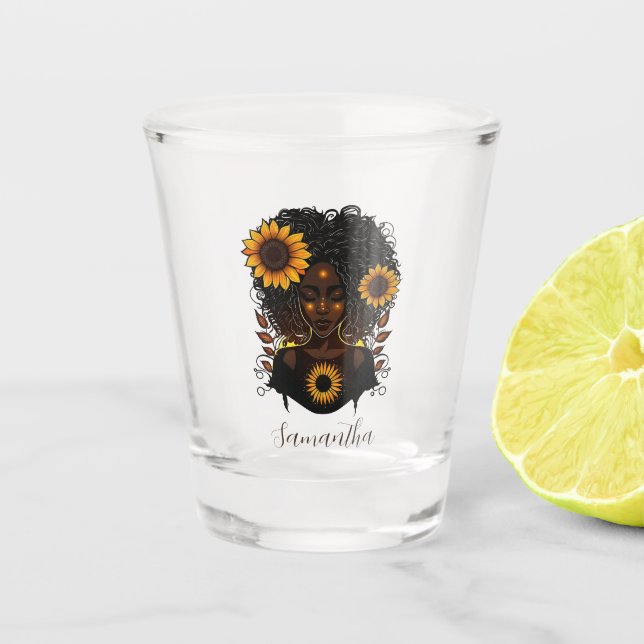 Sunflower Queen Afro Woman Shot Glass (Front)