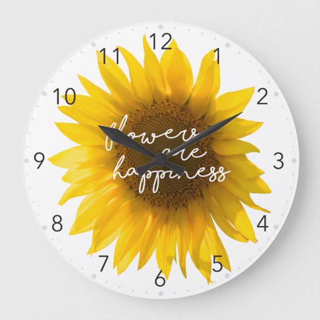 Sunflower quote "flowers are happiness" large clock (Front)