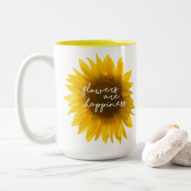 Sunflower quote "flowers are happiness" Two-Tone coffee mug (With Donut)