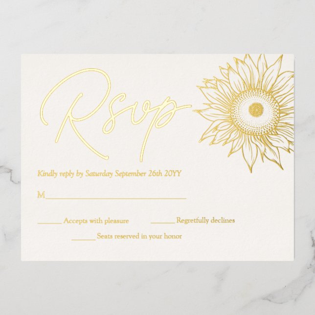 Sunflower Real Gold Foil Minimalist RSVP Card Gold (Front)