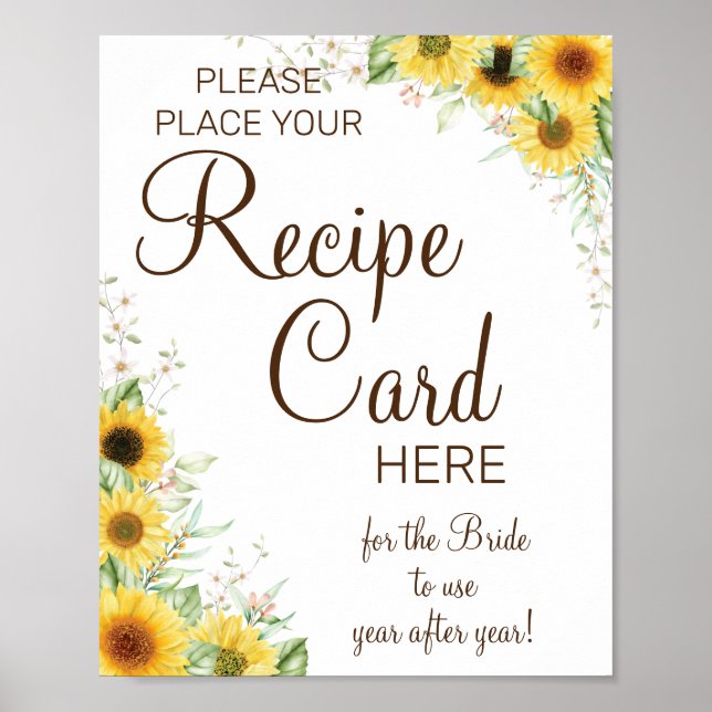 Sunflower Recipe Cards bridal shower game sign (Front)