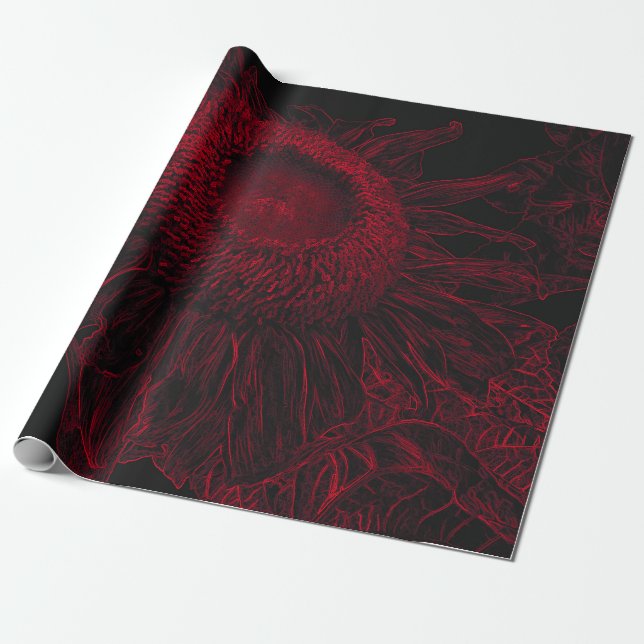 Sunflower Red Black Floral Art Decoupage Wrapping Paper (Unrolled)