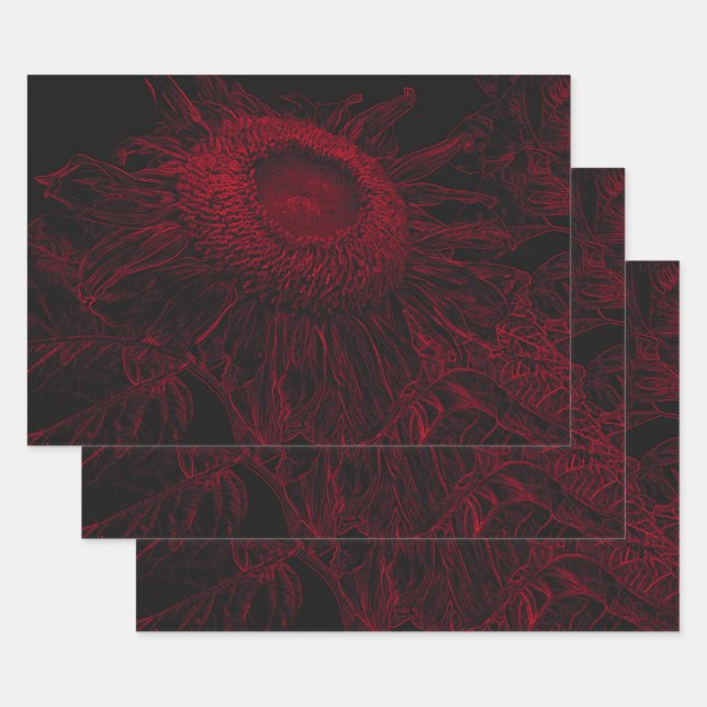 Sunflower Red Black Floral Art Decoupage Wrapping Paper Sheet (Set)