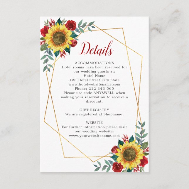 Sunflower Red Floral Geometric Wedding Details Enclosure Card (Front)