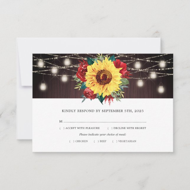 Sunflower Red Floral Jar Lights Wood Wedding Meal RSVP Card (Front)