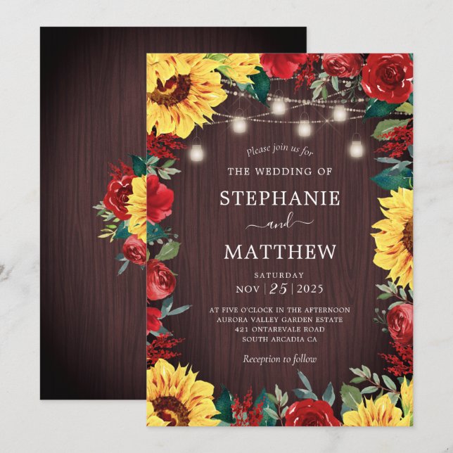 Sunflower Red Floral Mason Jar Wedding Invitation (Front/Back)