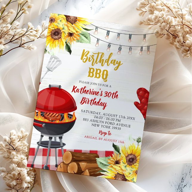 Sunflower Red Gingham Backyard Bbq Birthday Invitation (Creator Uploaded)