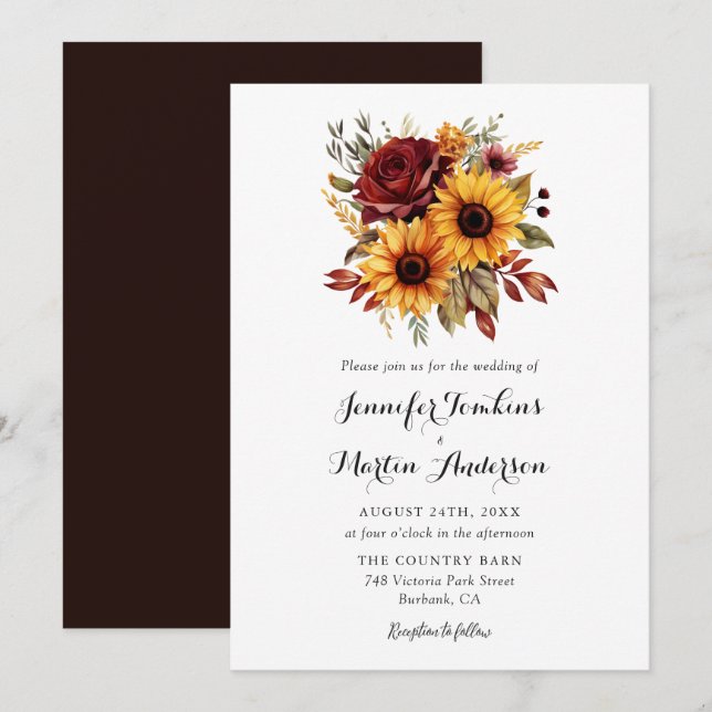 Sunflower Red Rose Fall Wedding Invitation (Front/Back)