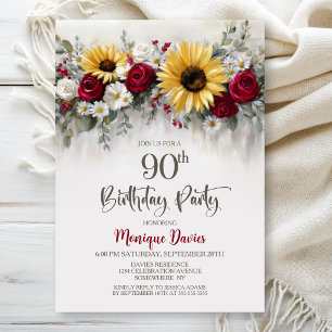 Sunflower Red Rose Floral 90th Birthday Party Invitation
