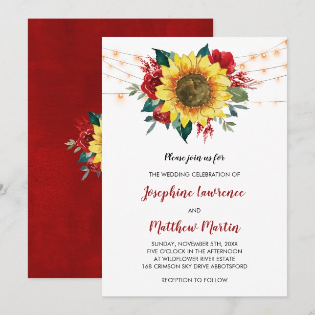 Sunflower Red Rose Floral Lights Wedding Invitation (Front/Back)