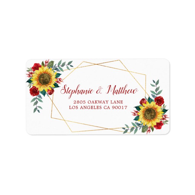 Sunflower Red Rose Geometric Gold Address Label (Front)