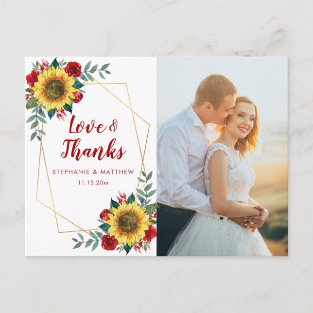 Sunflower Red Rose Geometric Photo Thank You Postcard (Front)