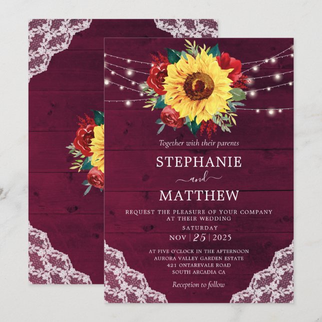 Sunflower Red Rose Lace Burgundy Wood Wedding Invitation (Front/Back)