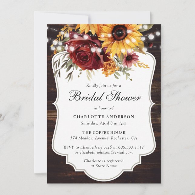 Sunflower Red Rose Lights Barn Wood Bridal Shower Invitation (Front)
