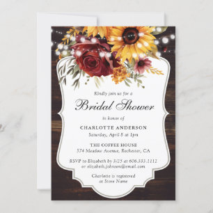 Sunflower Red Rose Lights Barn Wood Bridal Shower Invitation