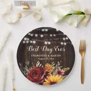 Sunflower Red Rose Rustic Country Wood Wedding Paper Plate