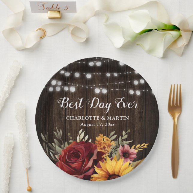 Sunflower Red Rose Rustic Country Wood Wedding Paper Plate (Wedding)