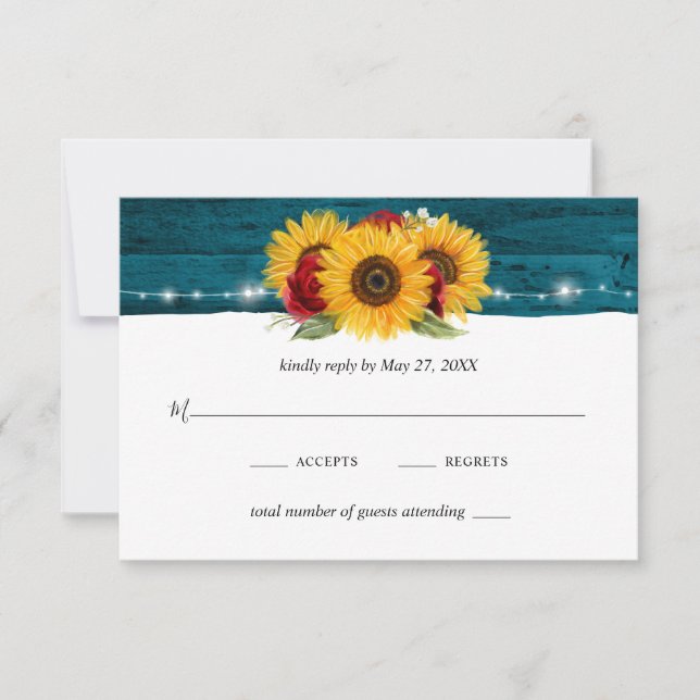Sunflower Red Rose Rustic Wood Teal Wedding RSVP Card (Front)