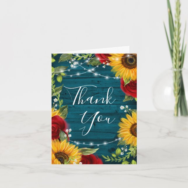 Sunflower Red Rose Teal Rustic Wood Folded Wedding Thank You Card (Front)