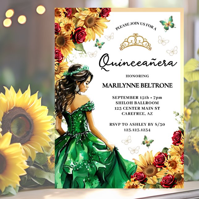 Sunflower Red Roses Green Princess Quinceañera Invitation (Creator Uploaded)