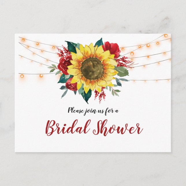 Sunflower Red Roses Lights Bridal Shower Invite (Front)