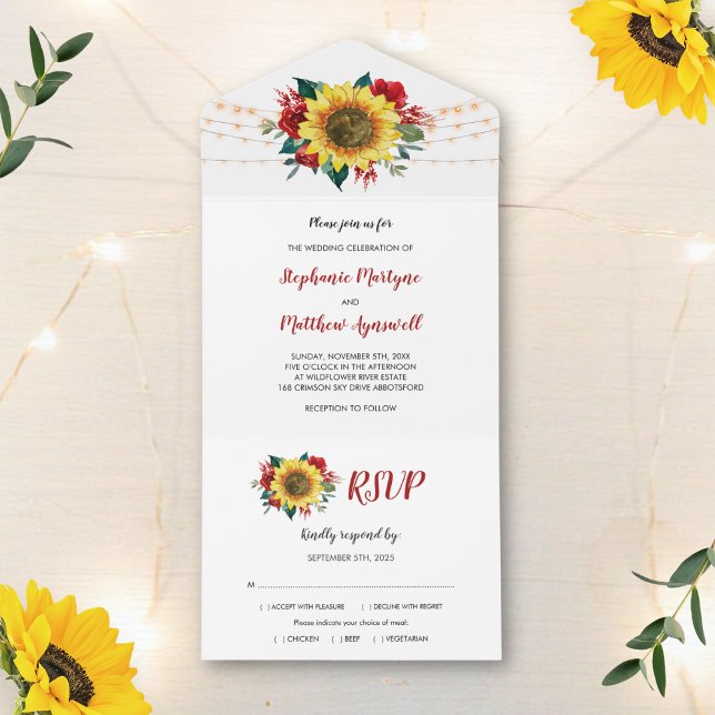Sunflower Red Roses Lights Floral Wedding All In One Invitation (Creator Uploaded)