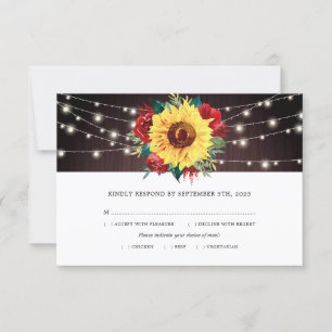 Sunflower Red Roses Lights Wood Wedding Meal RSVP Card